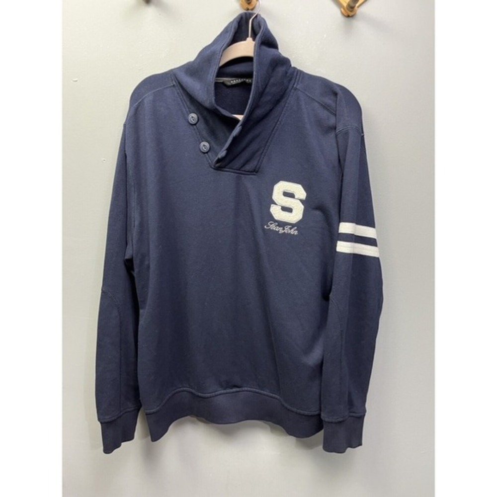 Sean John Sweater Mens‎ XL Varsity Navy Blue button stitched Retro Cowl Neck